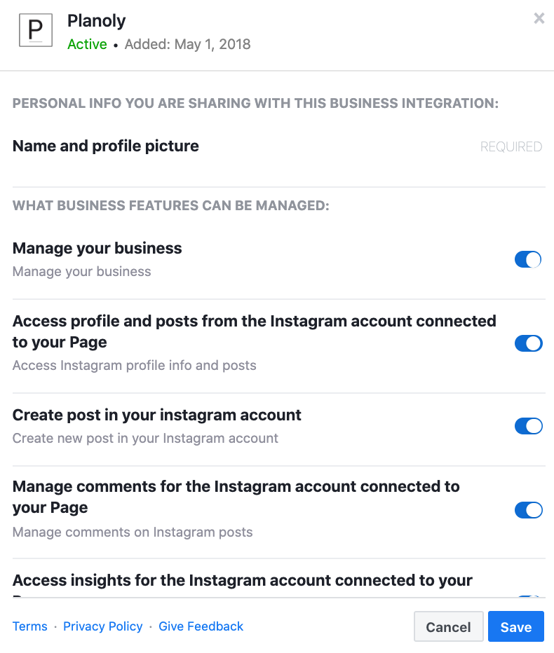 Planoly Facebook Permissions 2022