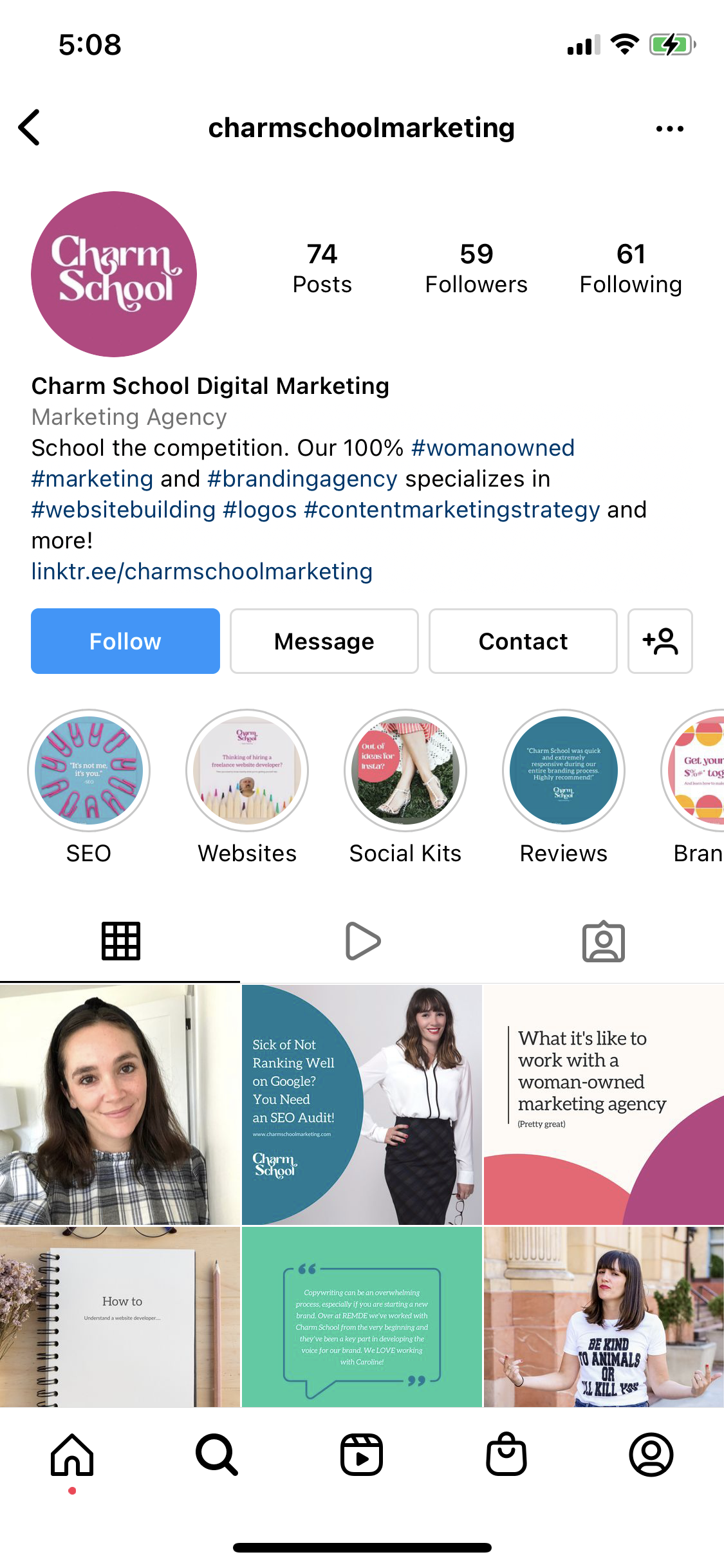 A screenshot of Charm School Marketing's Instagram account. 
