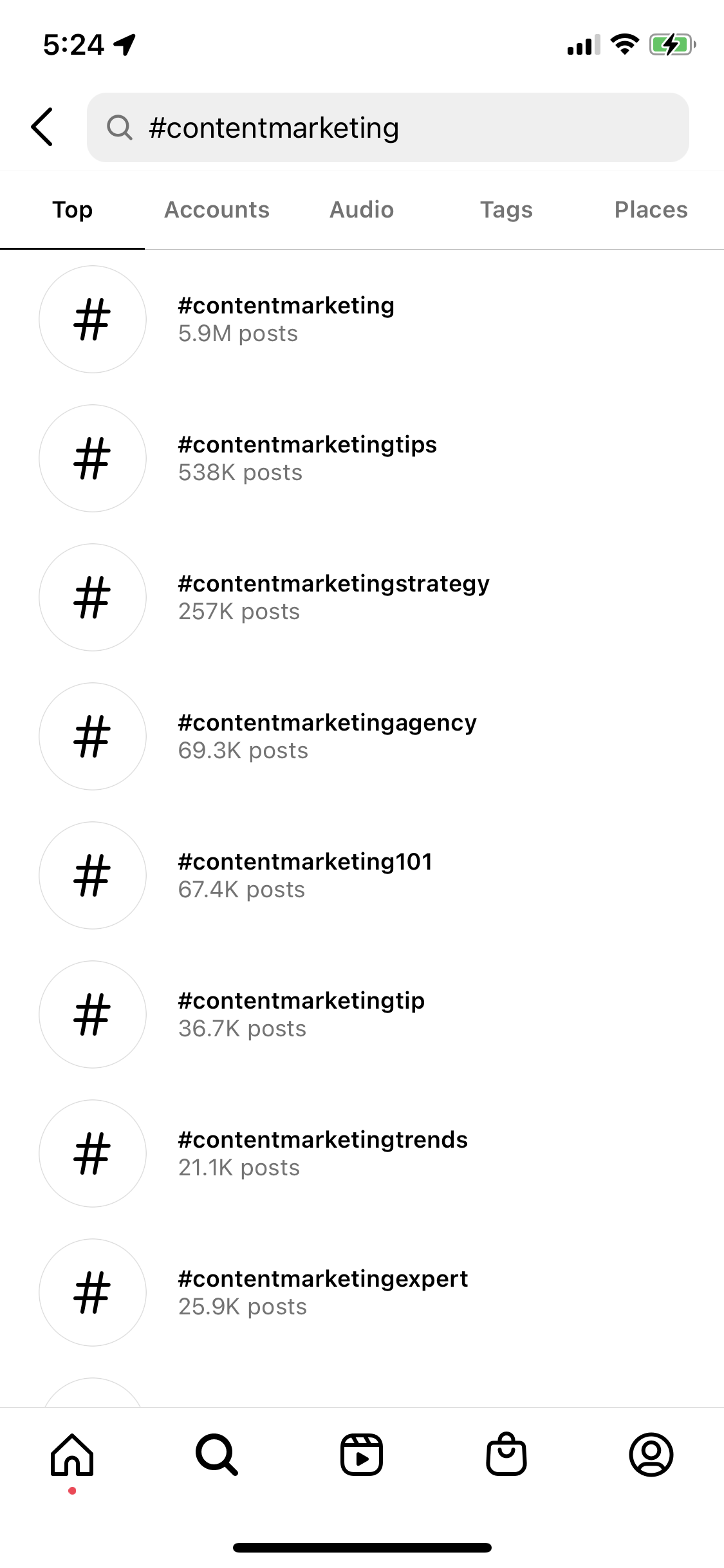 A screenshot of an Instagram search for #contentmarketing.