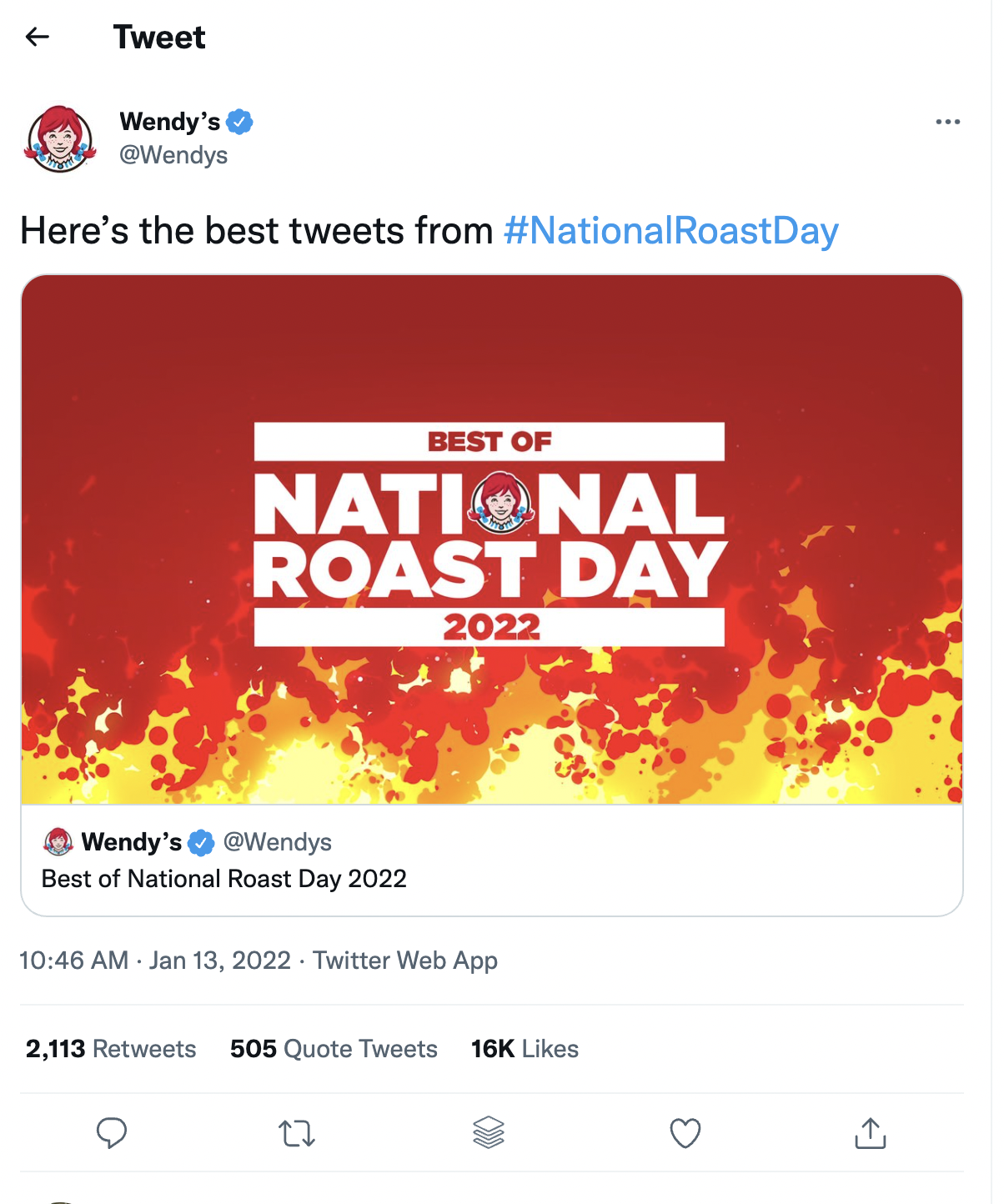 Screenshot of Wendy's Twitter account on National Roast Day